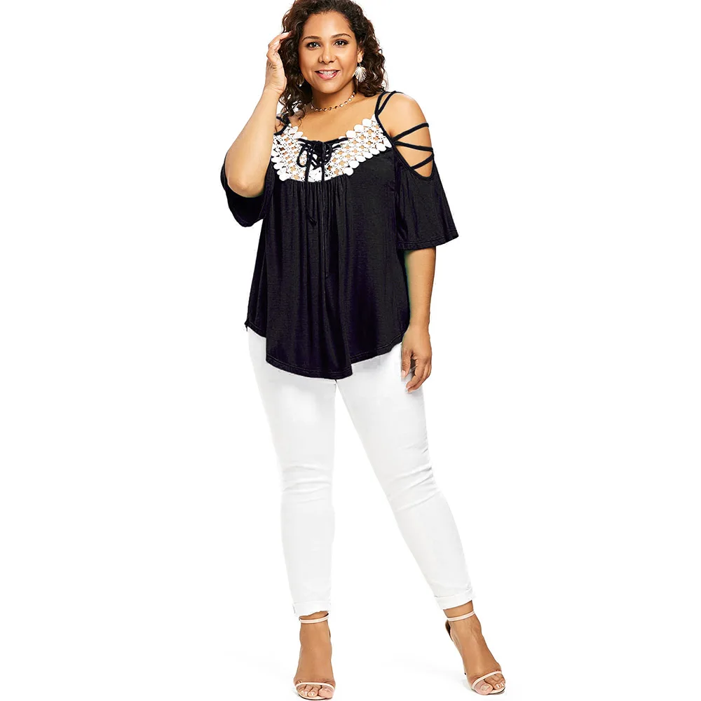 Wipalo Plus Size Cutwork Cold Shoulder Strappy T-Shirt Women Top Summer Casual T Shirt Spaghetti Strap 3/4 Sleeve Ladies Tops | Женская