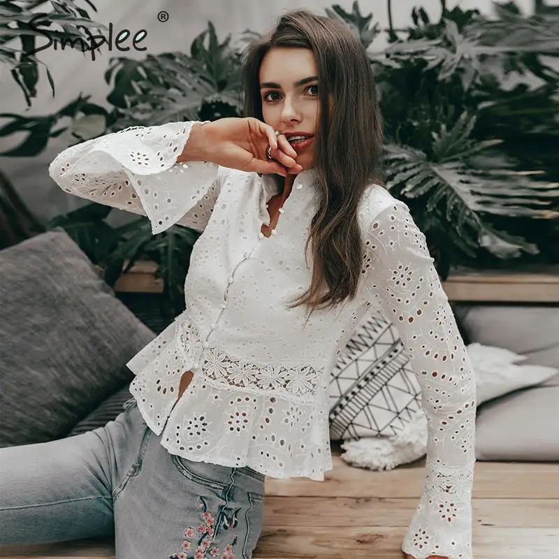 Женская ажурная блузка Simplee с вышивкой винтажные хлопковые блузки и топы со
