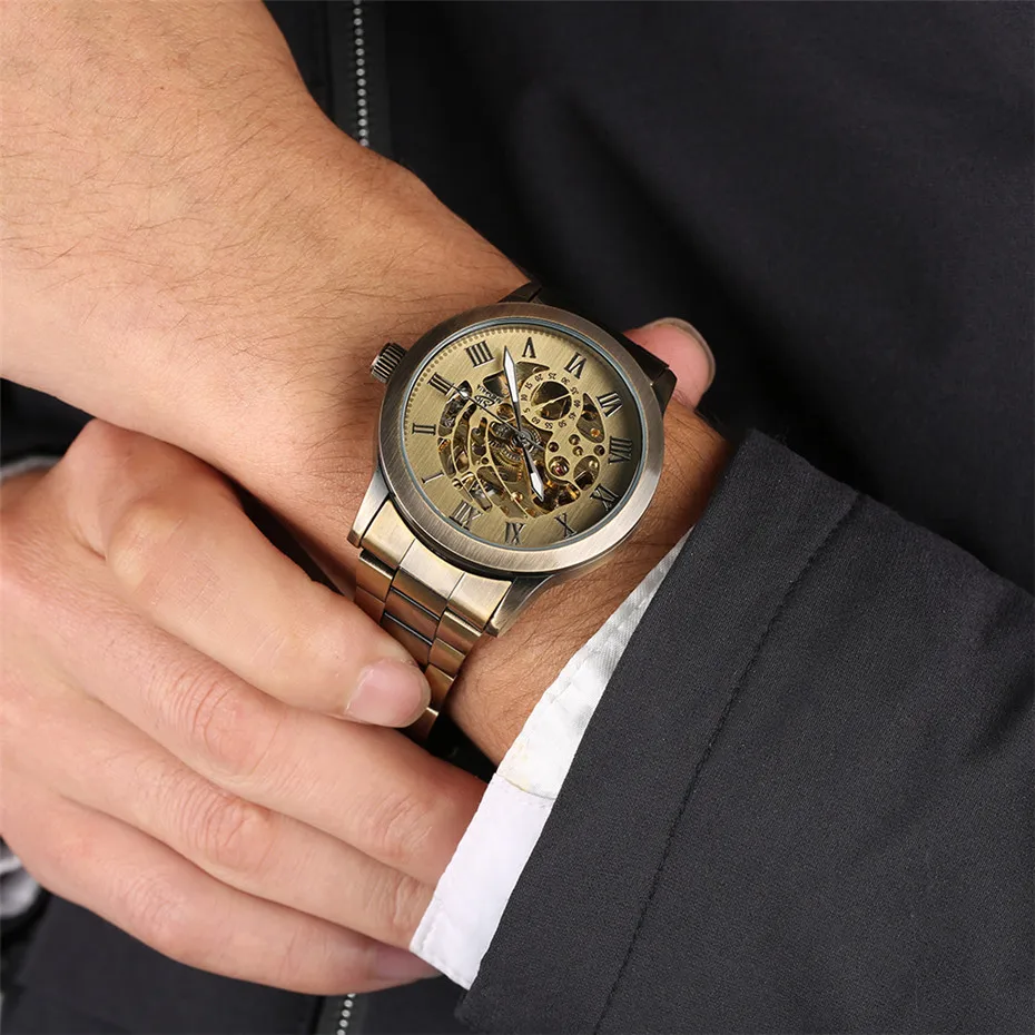 

Mechanical Watch Men Retro Bronze Skeleton Mens Watches Automatic Self Winding Business Man Timepiece Hours reloj