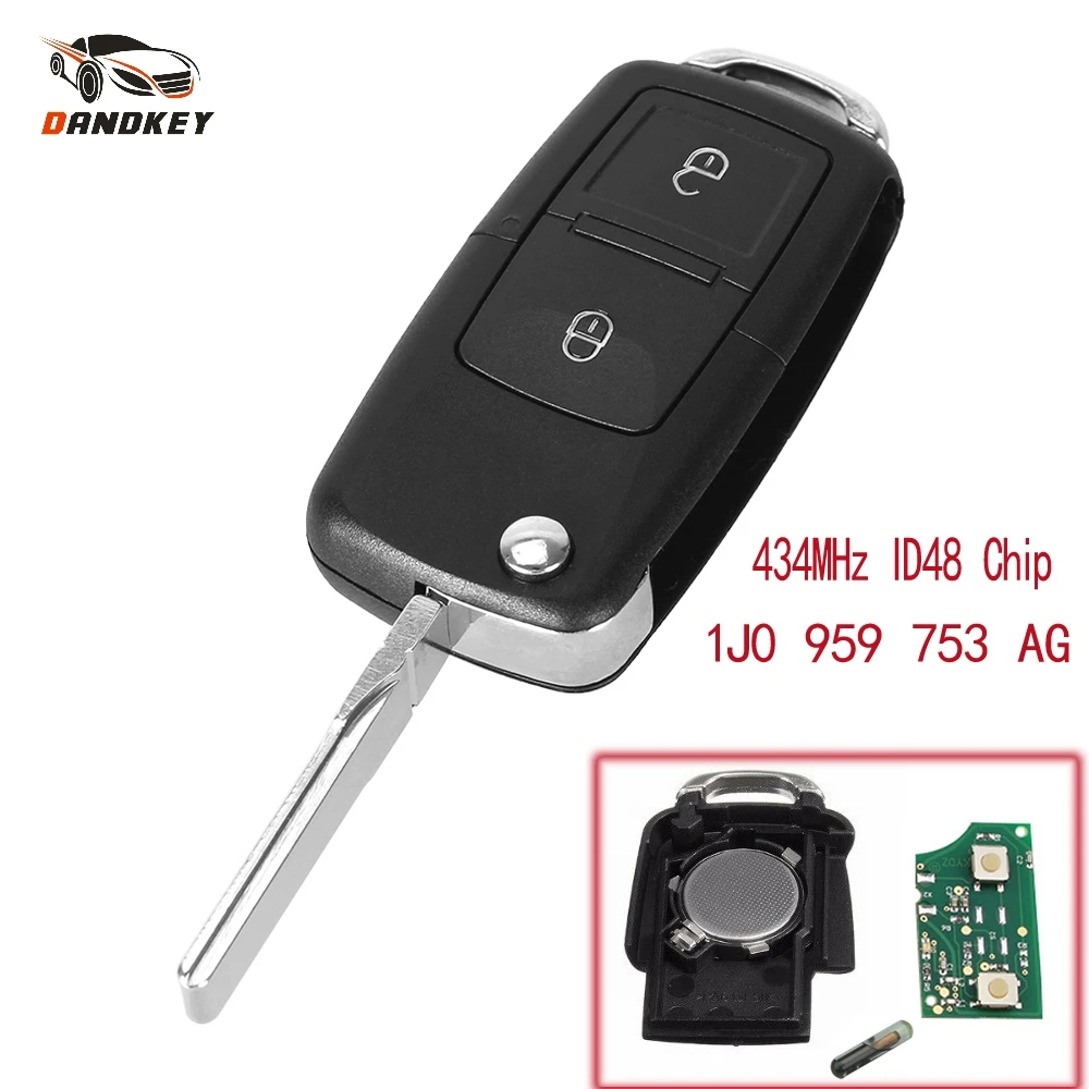 

Dandkey 2 Button For VW Volkswagen Beetle Bora Golf Passat Polo 433MHz ID48 Chip 1J0 959 753 AG Flip Smart Remote Key key shell