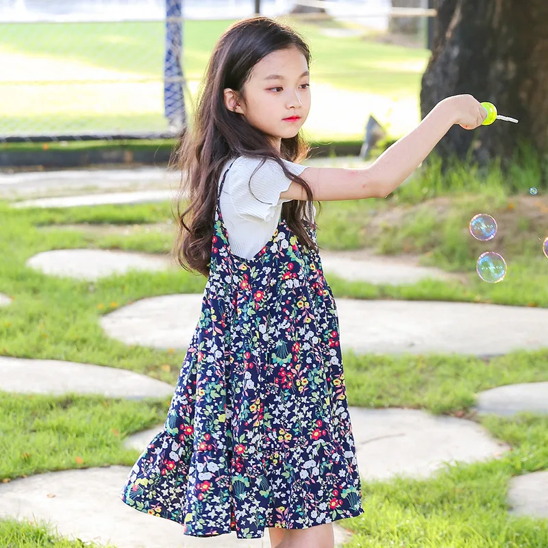 Little Girls Dress Suits 2 pieces 4 5 6 8 10 years Sweet Floral Print Chiffon Sundress Summer Holiday Beach Wear Kids Clothes | Детская