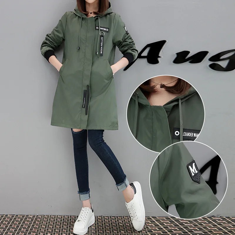 Новинка весна осень 2018 Женская Длинная ветровка топы армейский зеленый черный