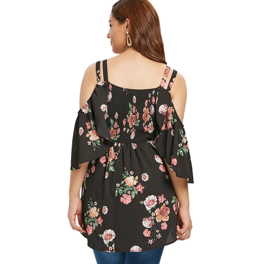 Блузка с цветочным принтом и открытыми плечами большие размеры - купить по