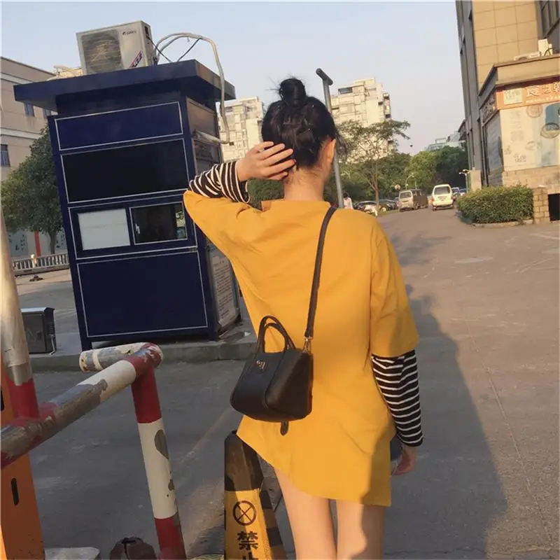 2019 Femme Осенняя женская одежда корейский стиль Harajuku принт полосатый пэчворк с