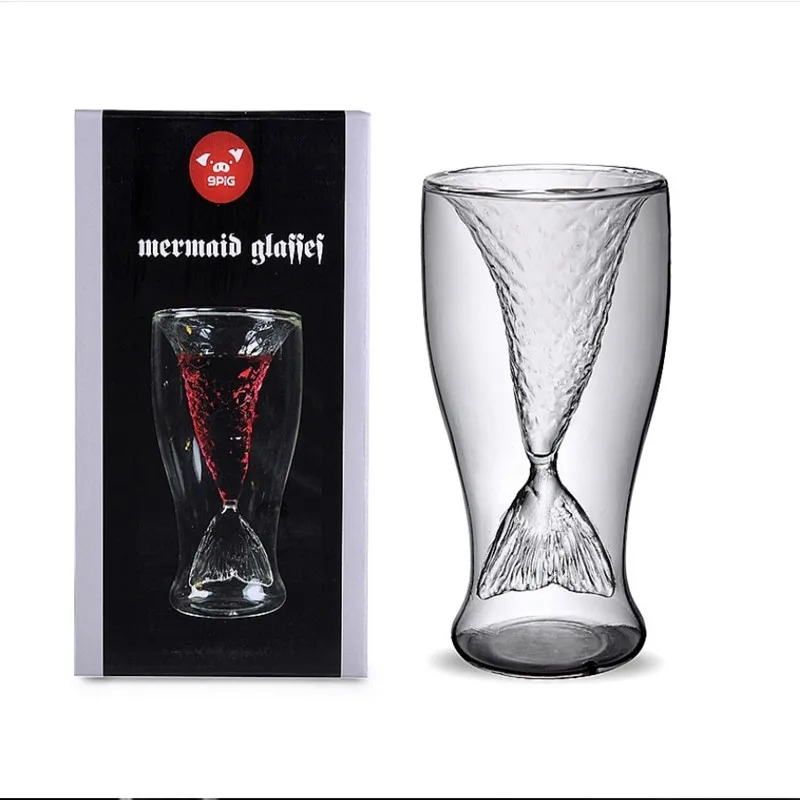 

Gift Beauty Fishtail Not Cat Cup Double Wall Shot Glass Cup for Wine Whisky Beer Tea champagne glasses Double Glass Cofee Cups