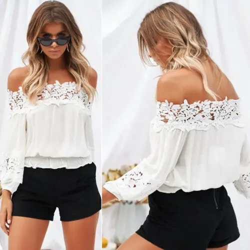 2019 White Ruffle Patchwork Slash Neck Fashion Women's Summer Off Shoulder Long Sleeve Casual Lace Blouse Loose Tops Shirt |