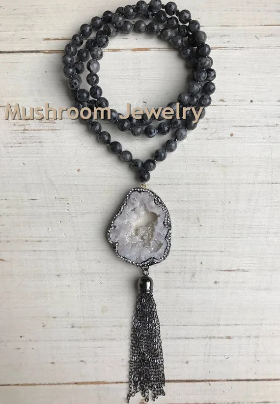 Fashion Bohemian Tribal Jewelry Natural Stone labradorite Long Knotted Druzy Pendant Necklaces For Women | Украшения и аксессуары