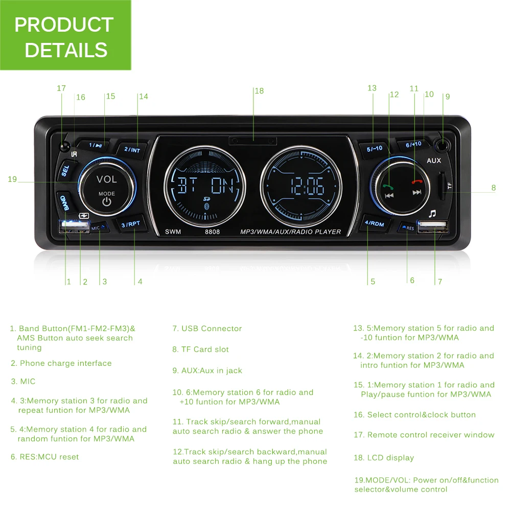 Автомобильный MP3 плеер Onever 1 Din с двойным жк дисплеем FM радио Bluetooth автомобильный