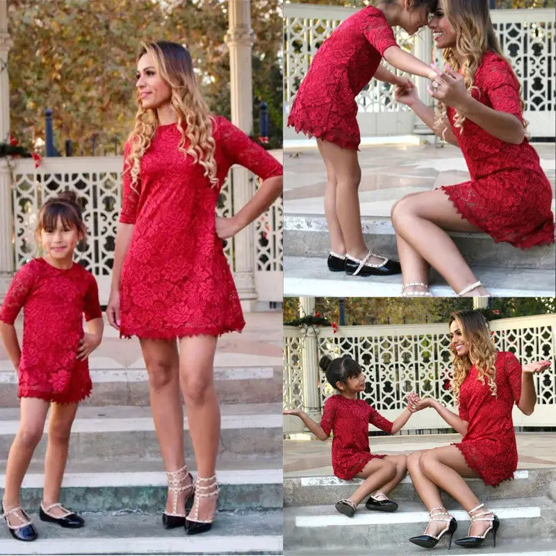 Summer Mother and Daughter Matching Hollow Lace Dresses Women Girls Half Sleeve Mini Red Dress Family Clothes | Мать и ребенок
