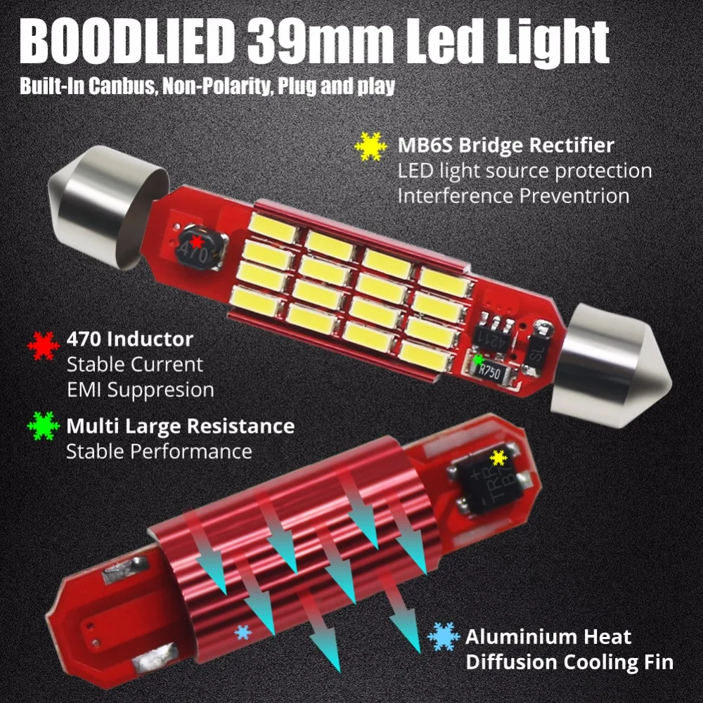 Светодиодные лампы C5W C10W CANBUS Festoon 39 мм 4014 SMD белые без ошибок для автомобиля салона
