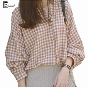 Повседневный Свободный Топ, размера плюс, женская модная блузка с длинным рукавом, Женский винтажный клетчатый Топ, длинная рубашка в стиле бойфренда, 1201