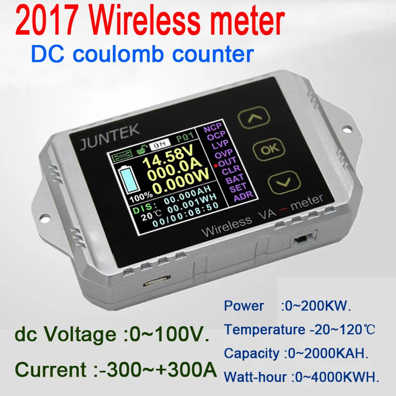 Monitor de batería inalámbrico SOC, carga, descarga, DC 120V, 30A-300A, coulómetro, amperímetro de voltaje, capacidad de KWh, potencia de coche