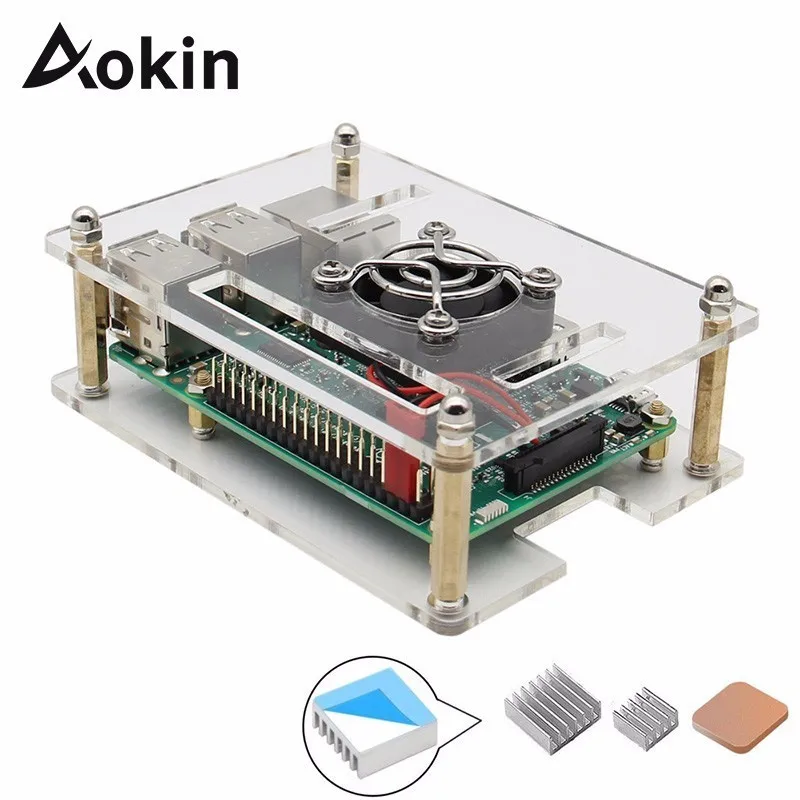 Aokin для Raspberry Pi 3 прозрачный акриловый корпус с охлаждающим вентилятором