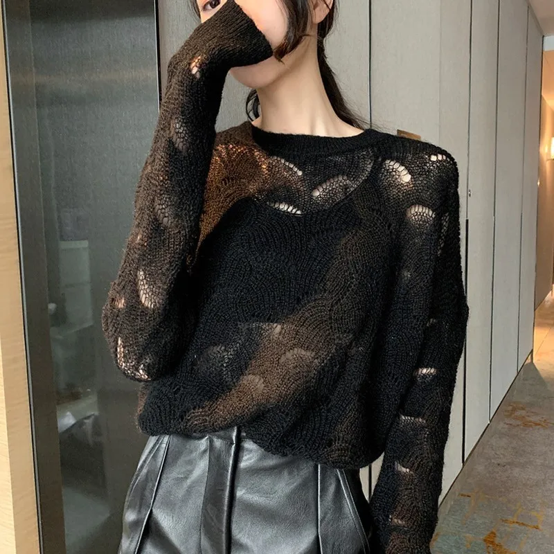TWOTWINSTYLE Korean Hollow Out Sweater Women O Neck Long Sleeve Perspective Oversized Pullover Tops Spring 2019 Fashion | Женская одежда