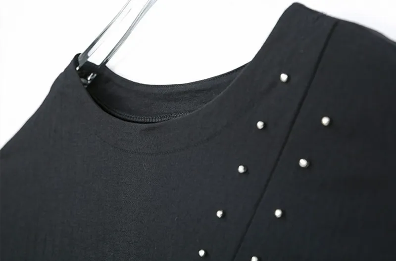 

CHICEVER Summer Casual Black Beading Pullover Women T-shirt O Nekc Short Sleeve Loose Slim Female Top Clothing 2020 Fashion New