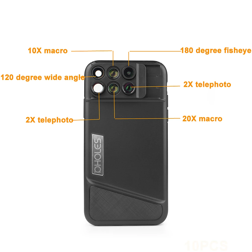 Чехол для телефона Pholes 6 в 1 Iphone X Dual 2X Telephoto + 10X Macro 20X 120 градусов широкоугольный 180