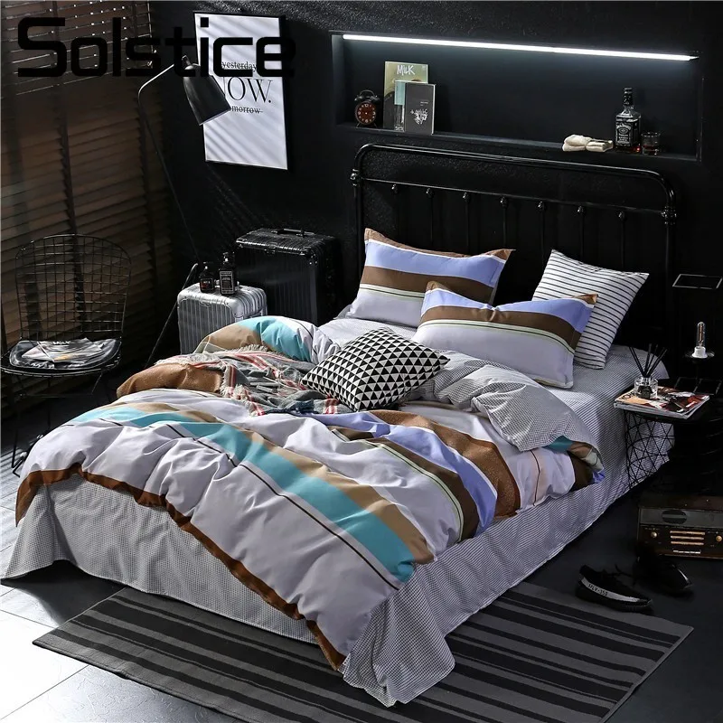 

Solstice Home Textile Bedding Linens Set Brown Stripe Simple Duvet Cover Pillowcase Bed Sheet King Twin Adults 3-4pcs Bedclothes