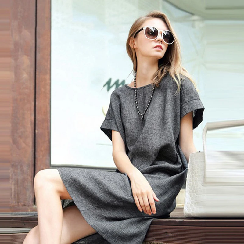 Винтажное льняное платье с О образным вырезом женское Повседневное коротким