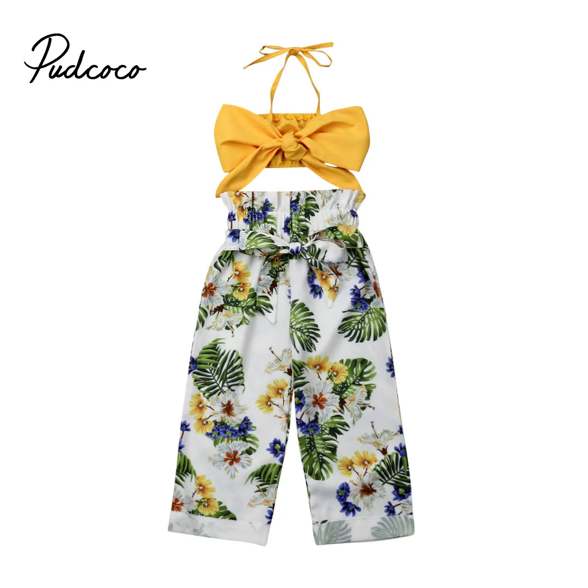 Pudcoco 2019 для маленьких детей девочек желтые кроп топы ремешок + белые брюки с