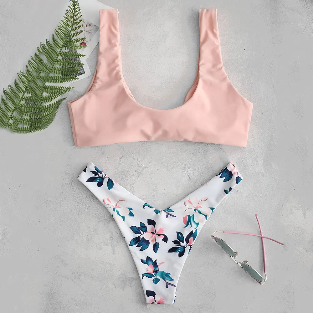 ZAFUL Beachwear Summer Plant Print Tie High Cut Women Set Casual Scoop Collar Padded Crop Top Elastic Shorts Beach Suits | Женская