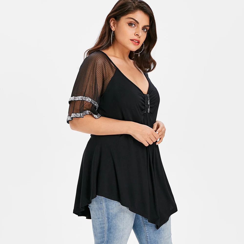 ROSEGAL размера плюс блестящая сетчатая Наплечная Блестящая футболка женская 2019 v