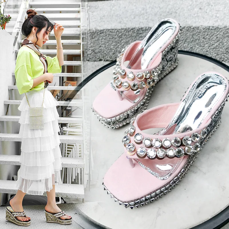 

Женские летние туфли в римском стиле, модные роскошные дизайнерские блестящие туфли на высоком каблуке, женские Тапочки