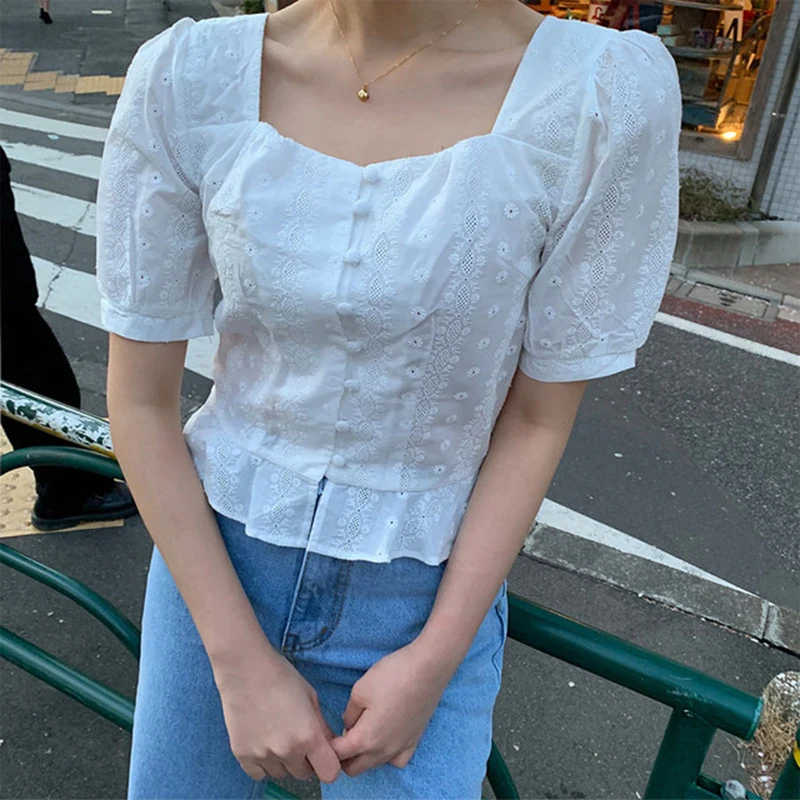 SISPELL Summer Solid Women's Shirt Square Collar Short Sleeve Button Ruffles Slim Blouse Top Female Fashion New Tide Korean 2019 |