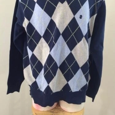 IZOD mens sweater L large blue argyle v neck long sleeve 100% cotton |