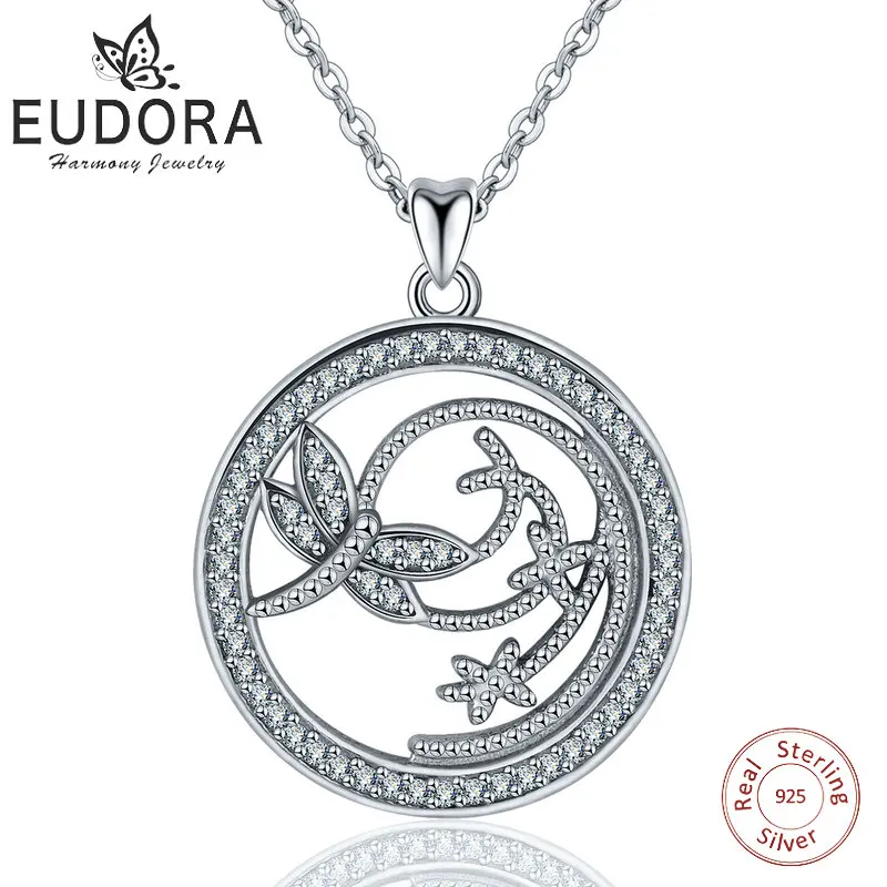 

Eudora Sterling Silver 925 Dragonfly Insect Pendant Necklace Round Style CZ Pendant Women Fine Jewelry Valentine's Day gift D225