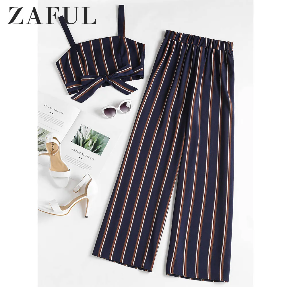 ZAFUL полосатый топ на молнии и широкие брюки без рукавов Топ полосатые гаучо