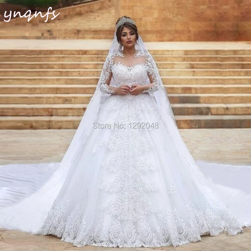 

YNQNFS MW25 Robe Soiree Dubai Illusion Long Sleeve Gown Muslim Wedding Dress Arabic Turkey Aibye Bridesmaid 2019