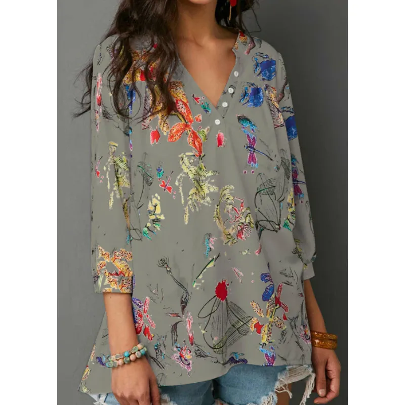 Для женщин Boho цветочный блузка дамы с длинным рукавом Свободные Повседневный