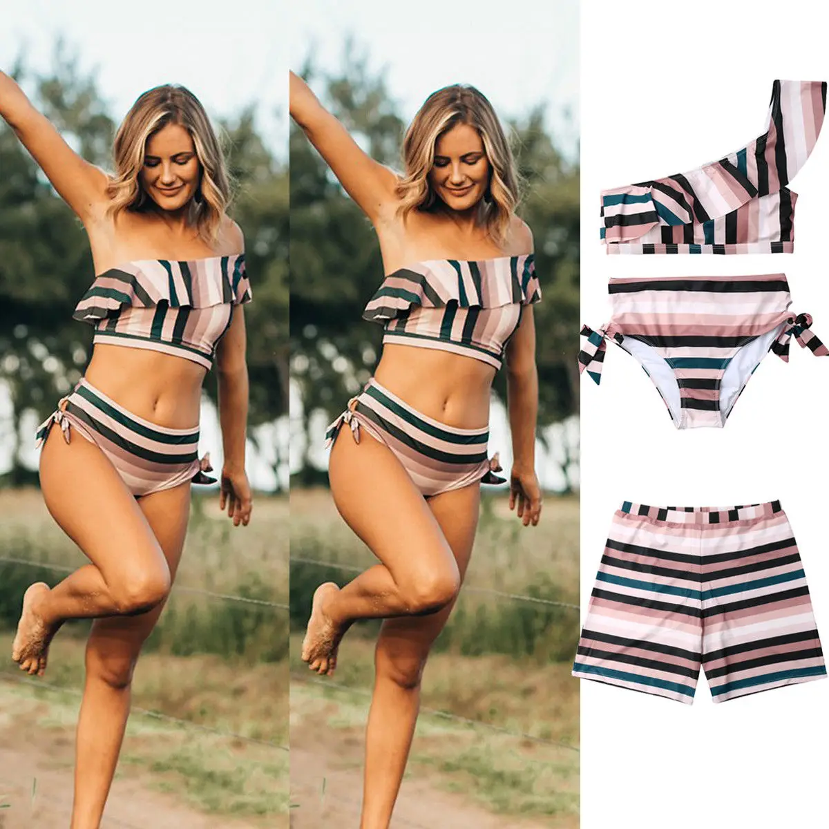 Family Matching Swimwear Mother Father Daughter Boys Off Shoulder Ruffles Stripe Bikini Sets Swimsuit | Мать и ребенок