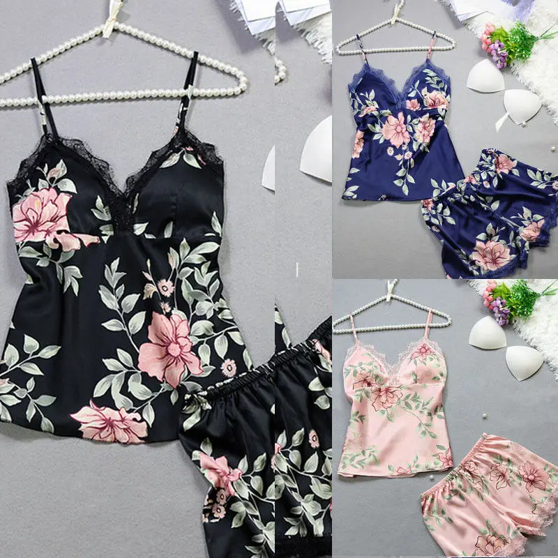 THEFOUND Модные женские атласные кружева печати рукавов пижамы Babydoll белье Ночное