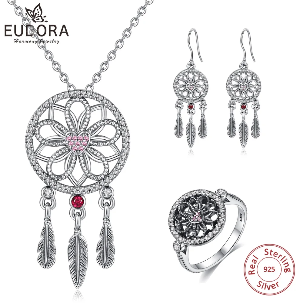 

EUDORA 925 Sterling Silver Dream Catcher Jewelry Sets Datura Flowers Necklace/Ring/Earring For Wedding Anniversary Romantic Gift