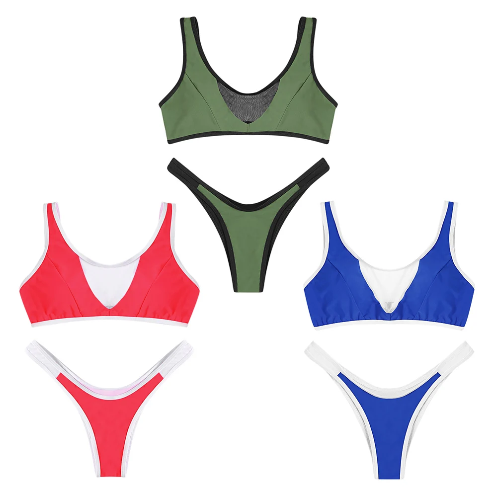 2019 Sexy Women Swimsuits Bikinis Scoop Neck Mesh Spliced Color Blocking Padded Female Swimming Bikini Set Beach Bathing Suit |