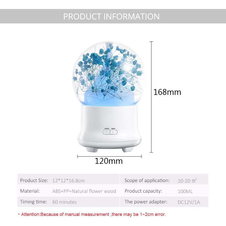 EAS-Us Plug Gift Preserved Fresh Flower Essential Oil Aroma Diffuser Ultrasonic Humidifier With Changing Night Light Beautiful | Бытовая