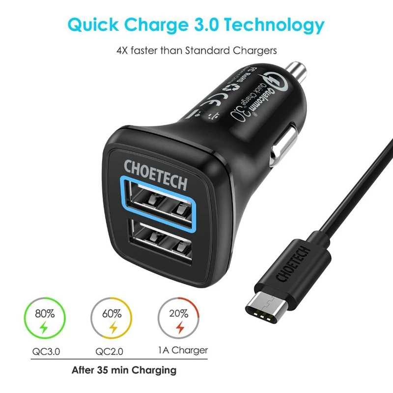 Choetech 30 Вт двойное автомобильное зарядное устройство Usb для Iphone X Quick Charge 3 0