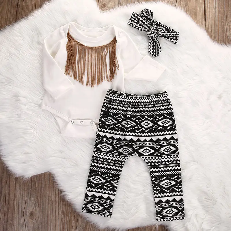 Spring Autumn Long Sleeve Tassel Bodysuit Tops Pants Headband Girl Clothing Cotton Outfits 3pcs Fashion Baby Girls Set | Детская одежда