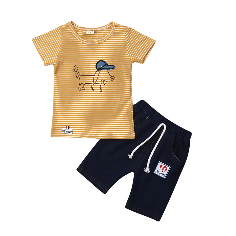 Fashion Toddler Kids Baby Boy Summer 2Pcs Sets Striped Dog Tops T-shirt+Lace-up Denim Shorts Outfits Cotton Clothes 9M-4Y |