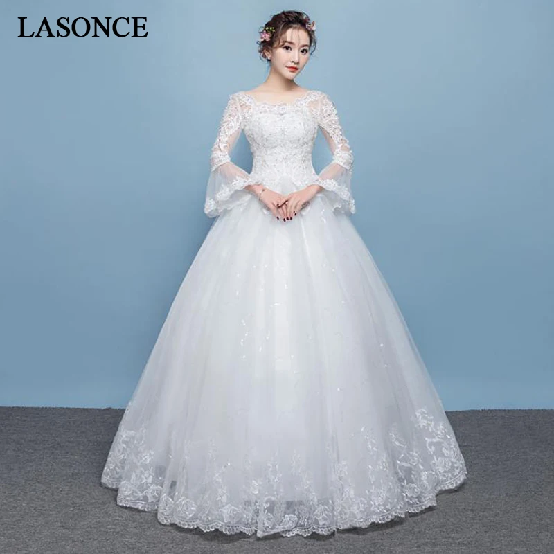 

LASONCE Illusion Long Flare Sleeve Sequined Ball Gown Wedding Dresses Lace Appliques O Neck Backless Bridal Dress