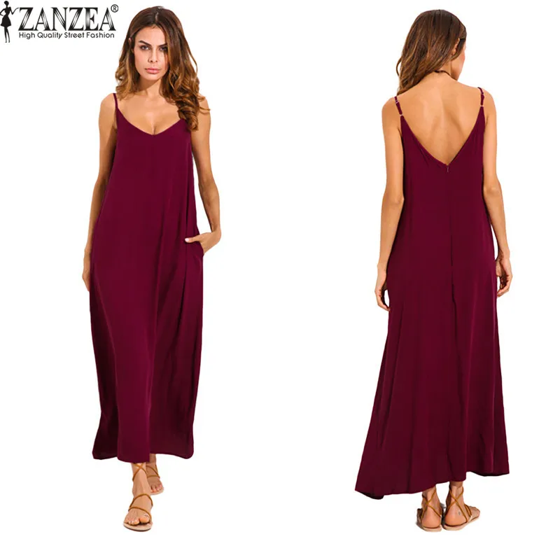 Женское длинное платье ZANZEA Пляжное Платье на бретельках с треугольным вырезом