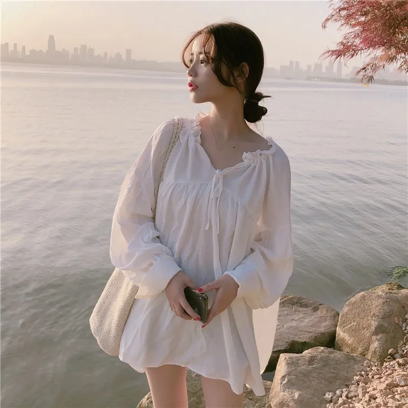 2019 New V Neck Lantern Sleeve Mini Shirt Dress Women Sweet Long Lace Up Summer Casual Solid Dresses | Женская одежда