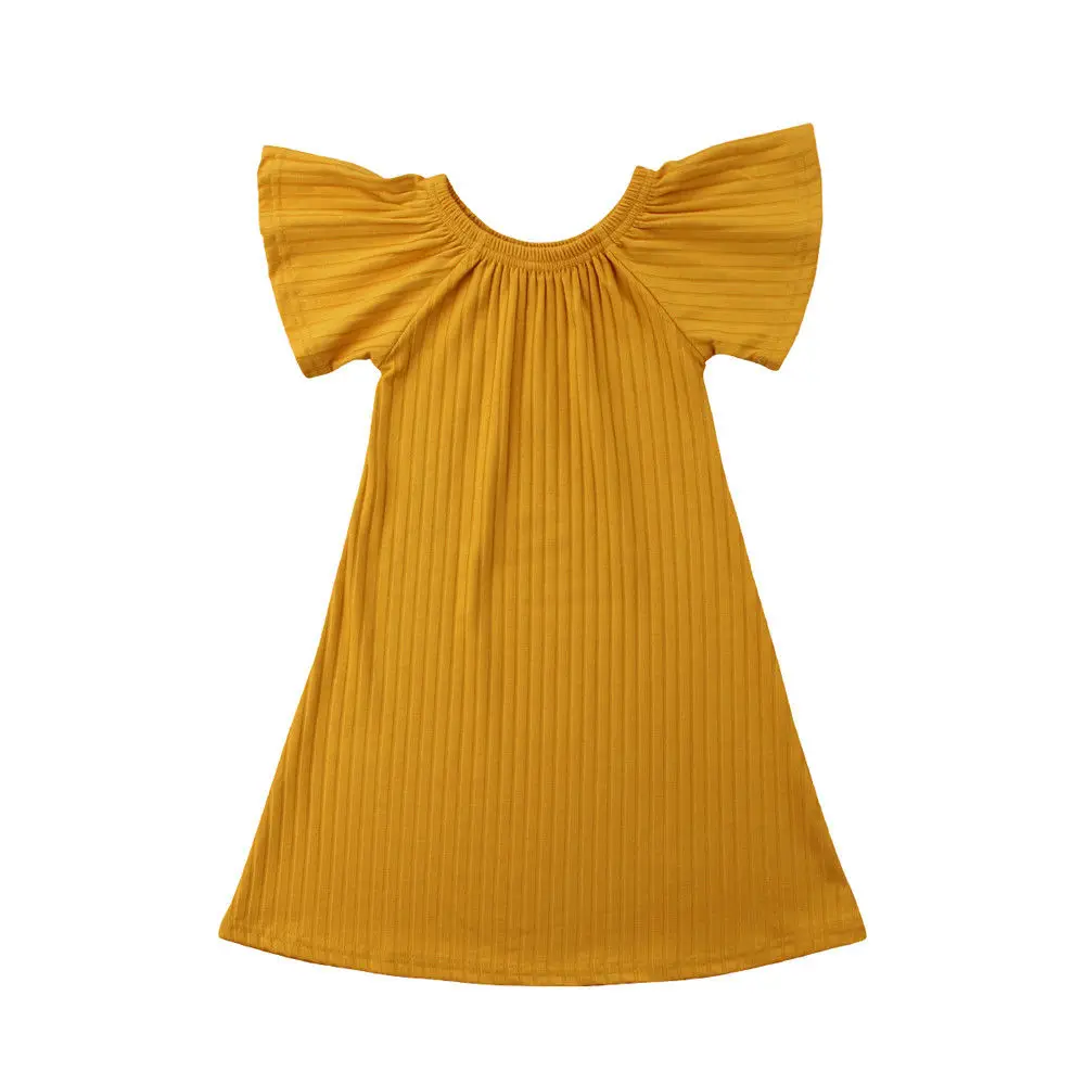 Emmanbaby Toddler Kids Baby Girls Yellow Knitted Dress Off-shoulder Short Sleeve Sundress Long 1-6Y | Детская одежда и обувь