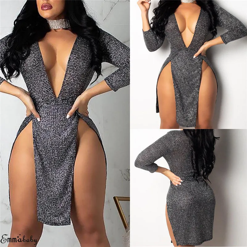 Fashion Casual Slim Solid Women Sparkly Deep V Neck Long Sleeve Bandage Bodycon Mini Dress Party Gown Clubwear Clothes | Женская одежда