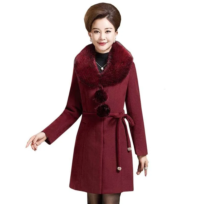 Gifts For Mothers Winter Woolen Coat Women Warm Dark Buckle Large Fur Collar Long Wool Overcoat Thickening Middle-aged Parka 068