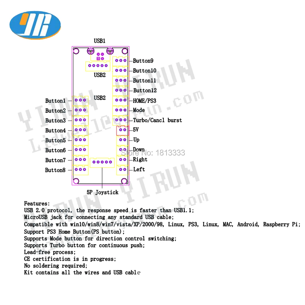 Светодиодный Кнопка Aecade Плата USB ПК/PS3/Raspberry pi Многофункциональный джойстик кодер