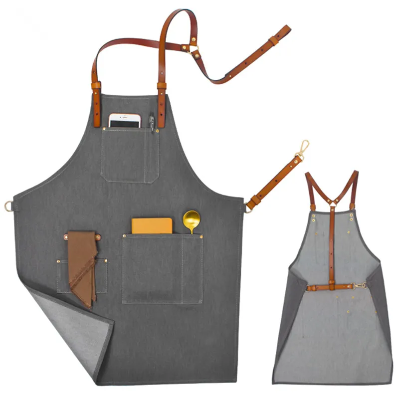 Джинсовый фартук черного и серого цвета с кожаным ремешком Парикмахерская