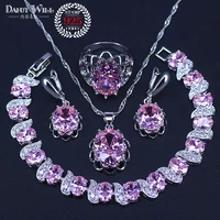 amazing present pink crystal silver color costume jewelry set for women bracelet pendant necklace earrings ring set women