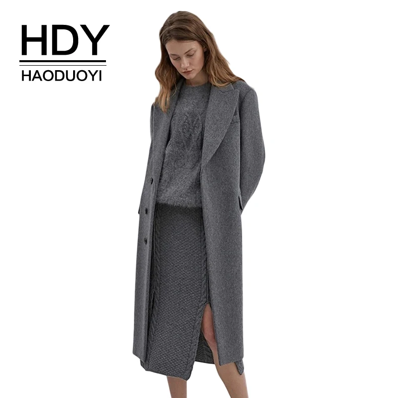 Женский двубортный Тренч HDY Haoduoyi однотонный длинный с отворотами|Женские плащи и